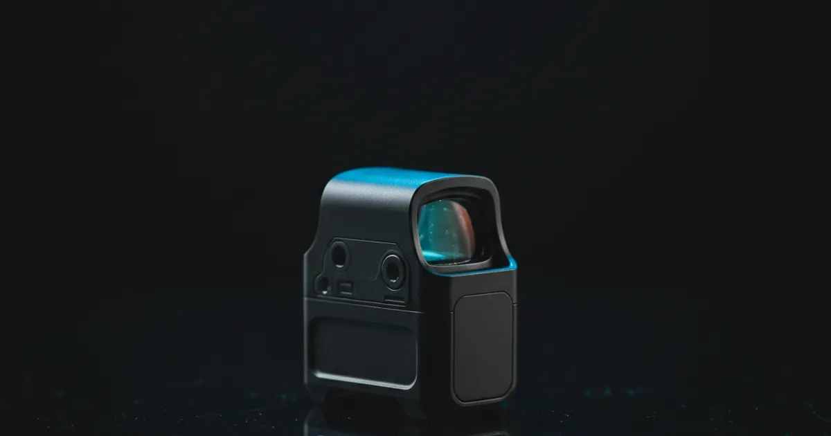 A compact pistol red dot sight on a dark surface with blue rim light