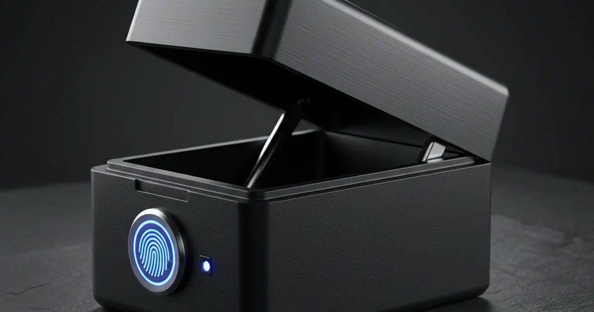 A matte-black biometric handgun safe with a glowing fingerprint scanner