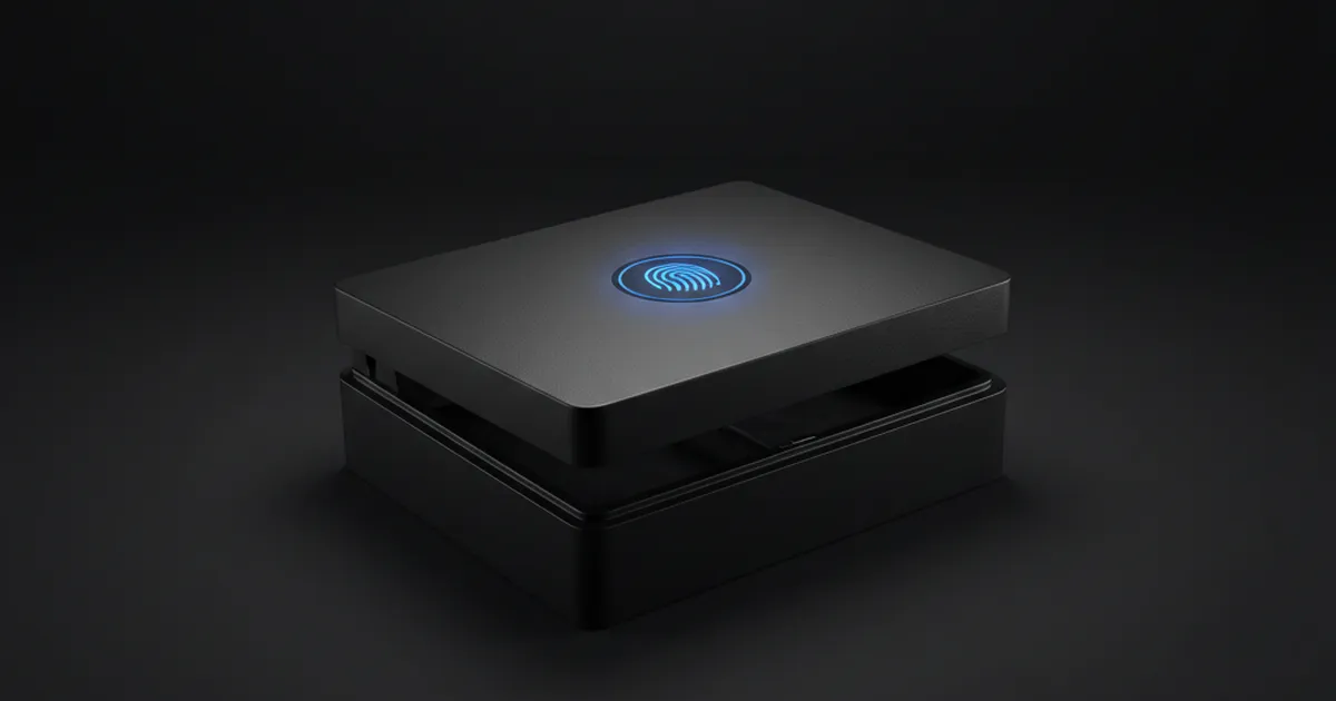 A matte-black biometric handgun safe with a glowing fingerprint scanner