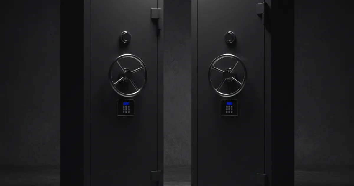 A row of matte-black steel gun safes on a dark floor