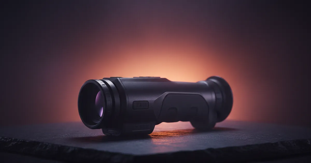 A thermal imaging optic glowing against a dark background