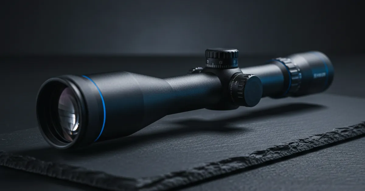A precision rifle scope on a dark slate surface